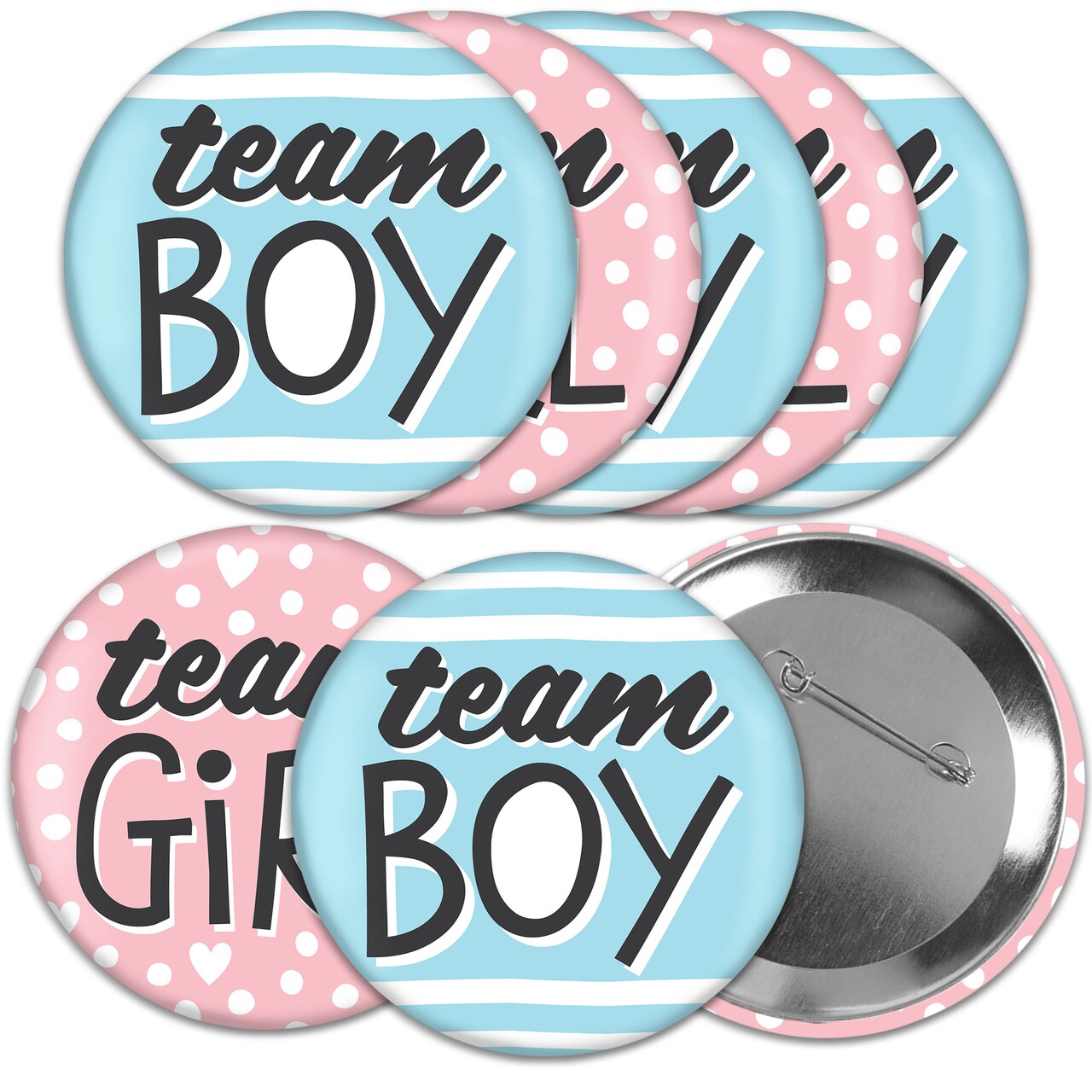 Big Dot of Happiness Baby Gender Reveal - 3 inch Team Boy or Girl Party Badge - Pinback Buttons - Set of 8
